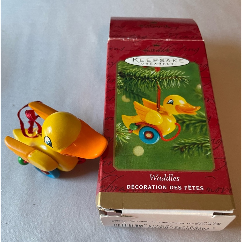3/$10 - Hallmark 2001 Waddles wooden duck ornament, Box has wear. EUC